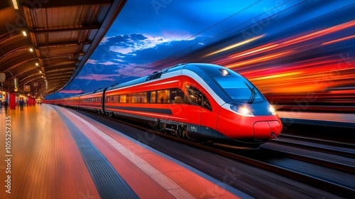 Modern High Speed Train Departing Station at Sunset