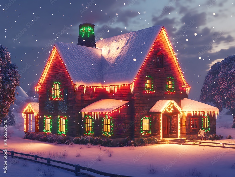 Large farmhouse glowing with red green and gold lights and snow-covered roof Large farmhouse glowing with red green and gold lights and snow-covered roof