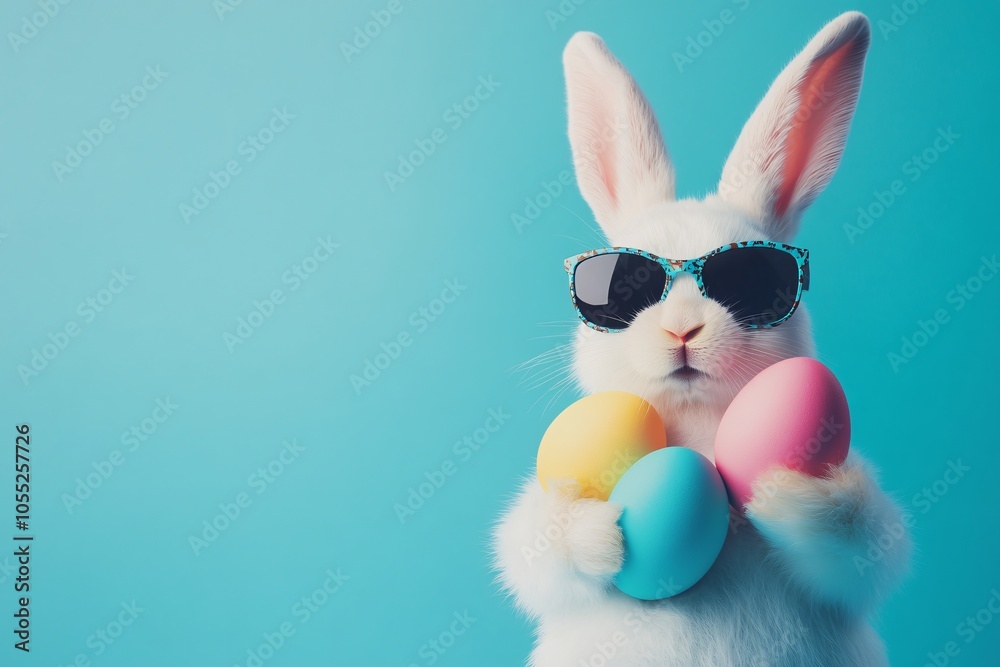 A cool bunny wearing sunglasses holds pastel Easter eggs against a vibrant teal background celebrating the joyful spring holiday A cool bunny wearing sunglasses holds pastel Easter eggs against a vibrant teal background celebrating the joyful spring holiday