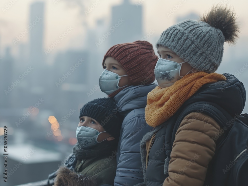Three children wearing masks gaze at a hazy city skyline, winter clothing, thoughtful mood. Three children wearing masks gaze at a hazy city skyline, winter clothing, thoughtful mood.