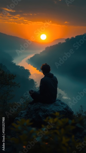 Contemplative Moment, a solitary figure perched on a rock, gazing over a vast valley, embodying tranquility and reflection.