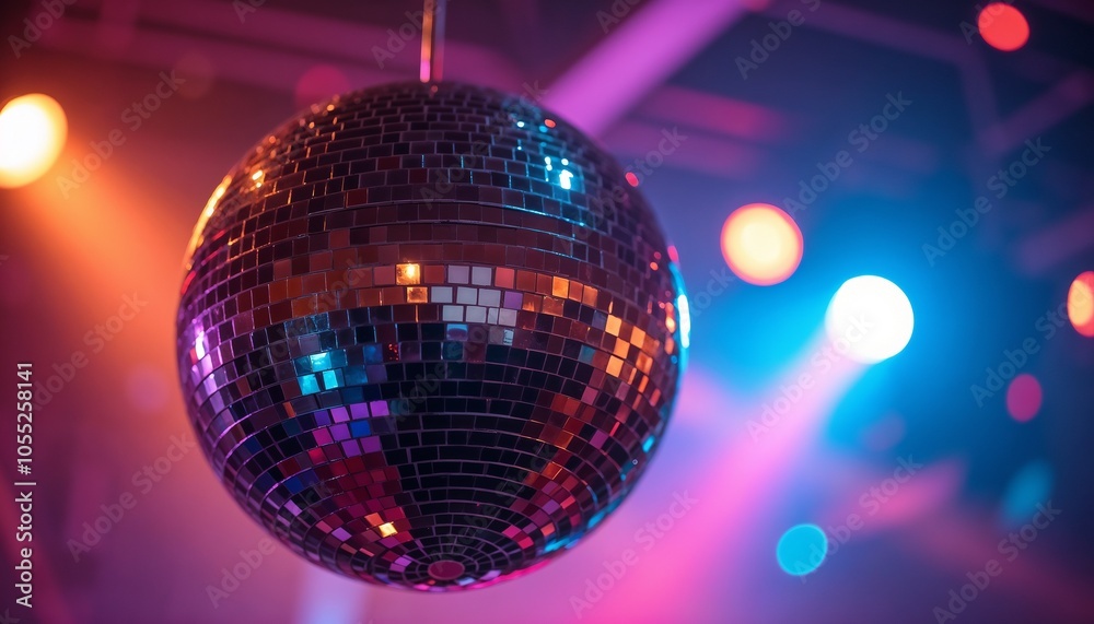 Obraz premium Disco ball reflecting colorful lights in a vibrant dance club environment 
