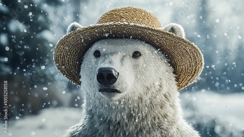 Polar Bear with Straw Hat, Camera Gaze, Snowfall - 8K Photo photo