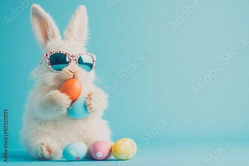A cool bunny wearing sunglasses holds pastel Easter eggs against a vibrant teal background celebrating the joyful spring holiday