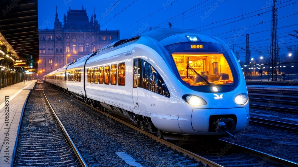 Modern High Speed Train Arriving at Station at Night Modern High Speed Train Arriving at Station at Night