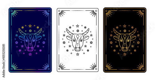 Set of three tarot cards with  Taurus zodiac sign in gradient, black and white, and gold on black variations.