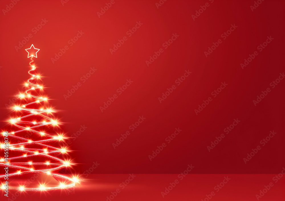 Red background, Christmas tree made of glowing light strips on the right side, star in the top left corner Red background, Christmas tree made of glowing light strips on the right side, star in the top left corner