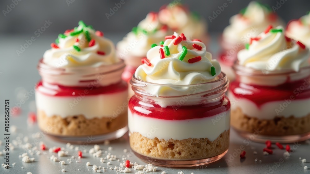 Dessert jars with layers of cream, red jelly, and crumbs, topped with whipped cream and sprinkles, sit elegantly on a festive table. Dessert jars with layers of cream, red jelly, and crumbs, topped with whipped cream and sprinkles, sit elegantly on a festive table.