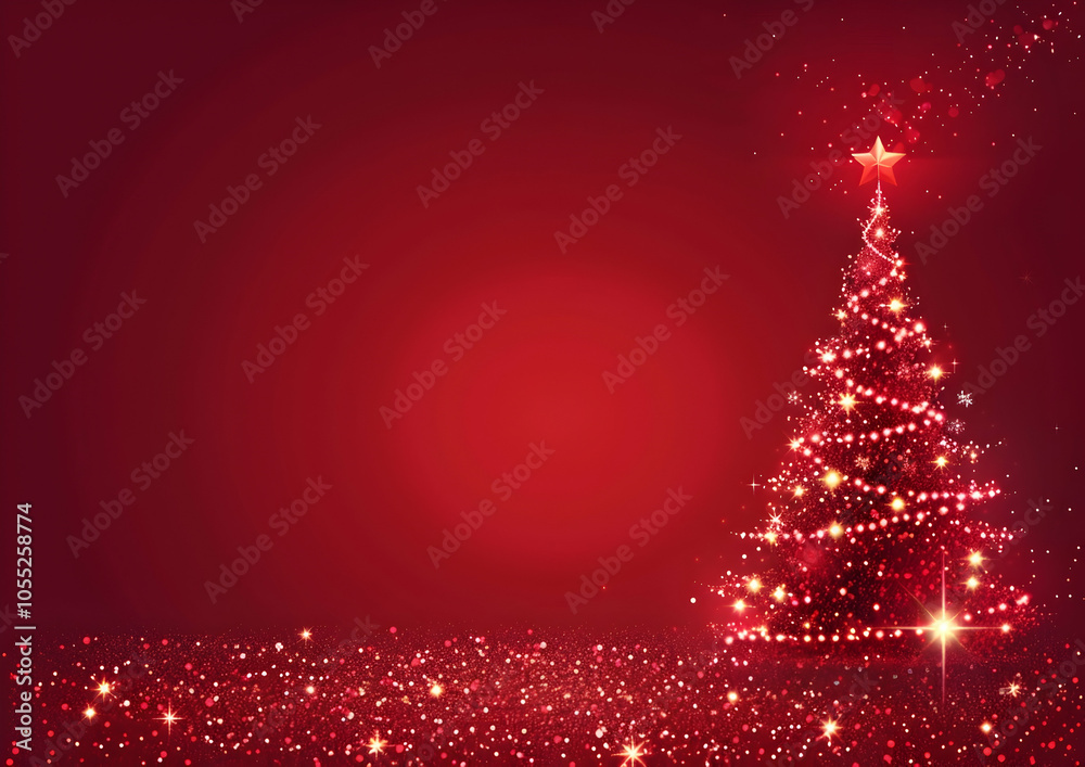 Red background, Christmas tree made of glowing light strips on the right side, star in the top left corner Red background, Christmas tree made of glowing light strips on the right side, star in the top left corner