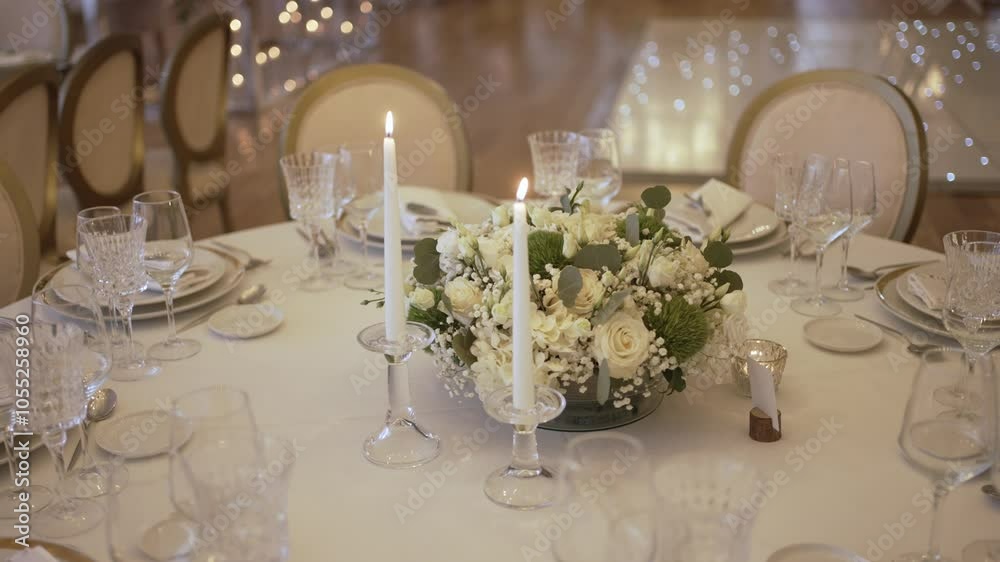 Elegant table setting with floral centerpiece and lit candles, surrounded by glassware