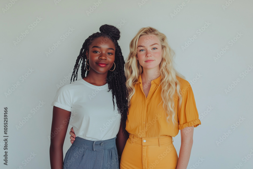 A blonde woman and a Black woman share a warm hug around the waist, smiling and supporting each other in a moment of friendship.