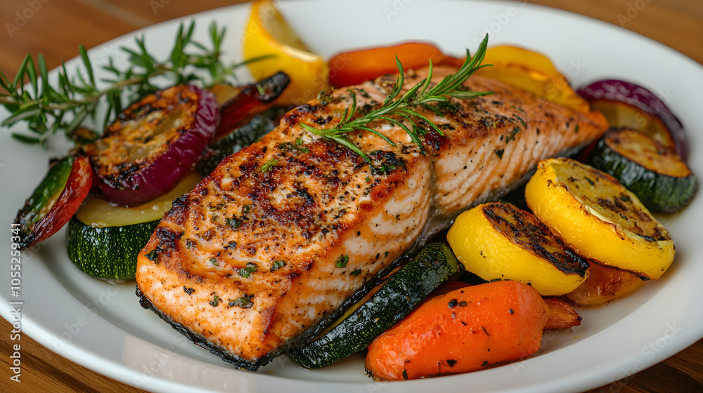Grilled salmon served with a side of roasted vegetables Grilled salmon served with a side of roasted vegetables