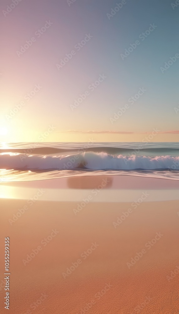 Tranquil sunrise over gentle ocean waves on pristine beach Tranquil sunrise over gentle ocean waves on pristine beach