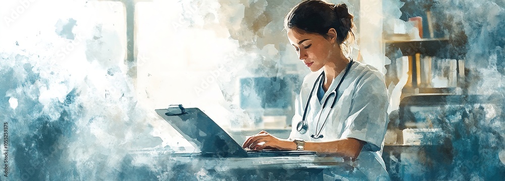 Nurse Assisting with Patient Care in Watercolor Style