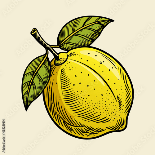 Vibrant Yellow Lemon with Green Leaves Hand Drawn Illustration on Light Background