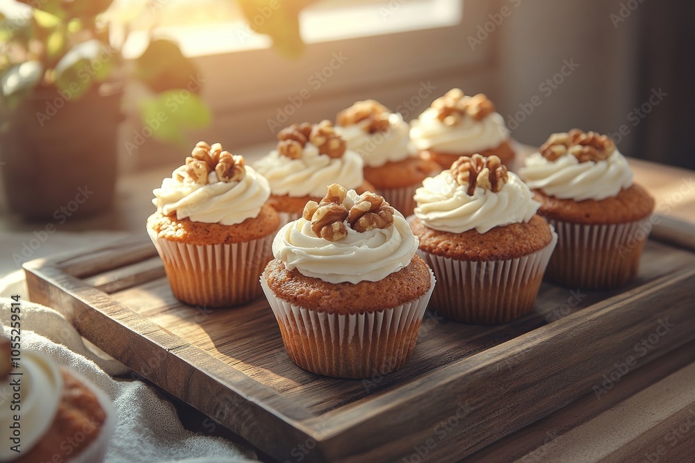 Cupcakes topped with creamy frosting and walnuts, arranged in a rustic wooden tray Cupcakes topped with creamy frosting and walnuts, arranged in a rustic wooden tray