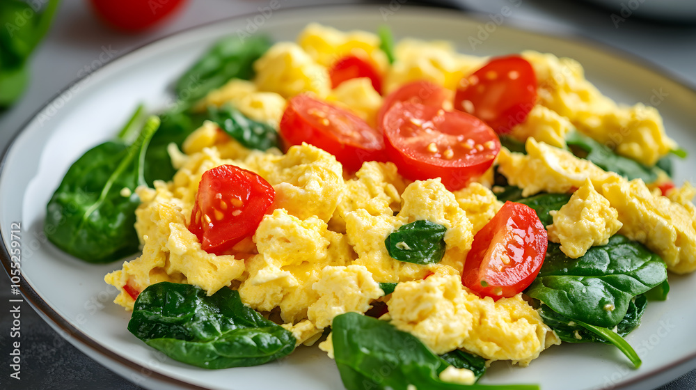Plate of scrambled eggs with spinach and tomatoes Plate of scrambled eggs with spinach and tomatoes