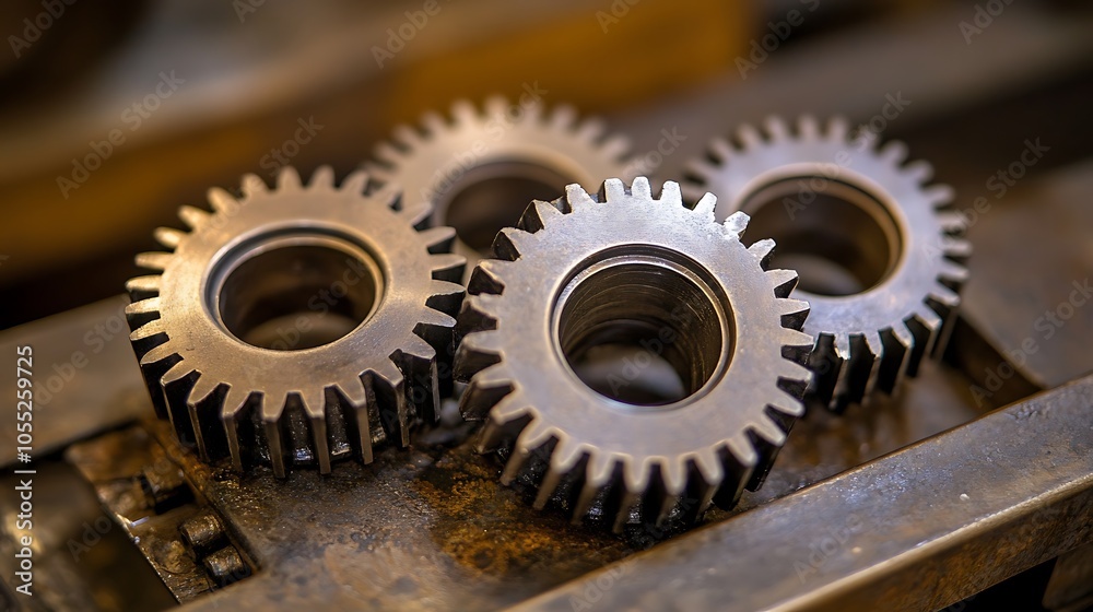 Close-up view of rotating metal gears symbolizing synchronization in technology teamwork and achievement Close-up view of rotating metal gears symbolizing synchronization in technology teamwork and achievement