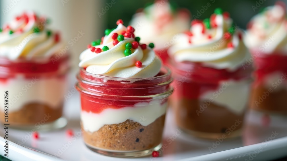 Dessert jars with layers of cream, red jelly, and crumbs, topped with whipped cream and sprinkles, sit elegantly on a festive table. Dessert jars with layers of cream, red jelly, and crumbs, topped with whipped cream and sprinkles, sit elegantly on a festive table.