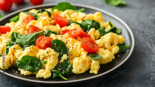 Plate of scrambled eggs with spinach and tomatoes