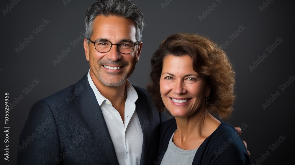 An older, middle-aged couple is happy, having fun and laughing indoor An older, middle-aged couple is happy, having fun and laughing indoor