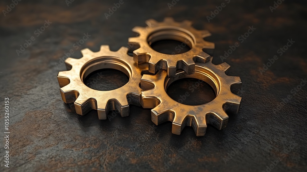 Conceptual 3D render of spinning metal gears symbolizing precision teamwork and technological advancement Conceptual 3D render of spinning metal gears symbolizing precision teamwork and technological advancement