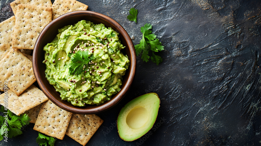 Bowl of fresh guacamole with a side of whole grain crackers Bowl of fresh guacamole with a side of whole grain crackers