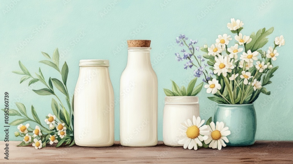 Watercolor painting of fresh milk and cream bottles on a rustic wooden table surrounded by vibrant wildflowers and sunlit greenery highlighting the natural nutrition and freshness of dairy products Watercolor painting of fresh milk and cream bottles on a rustic wooden table surrounded by vibrant wildflowers and sunlit greenery highlighting the natural nutrition and freshness of dairy products