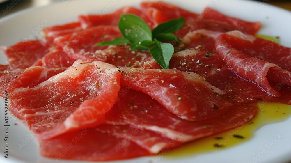 Sliced beef carpaccio arranged delicately on a plate, with olive oil drizzled over the top and detailed garnishing. Sliced beef carpaccio arranged delicately on a plate, with olive oil drizzled over the top and detailed garnishing.