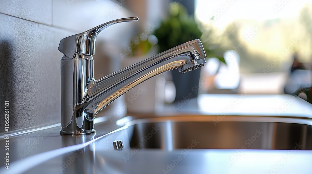 Modern kitchen faucet installed over stainless steel sink with natural light Modern kitchen faucet installed over stainless steel sink with natural light