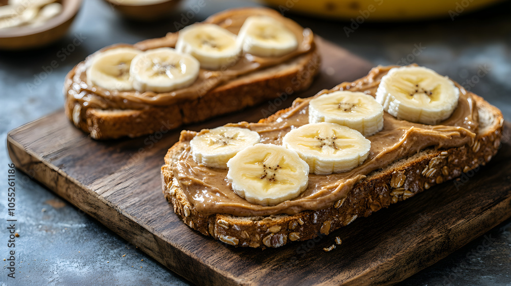 Almond butter spread on whole grain bread, topped with banana slices Almond butter spread on whole grain bread, topped with banana slices