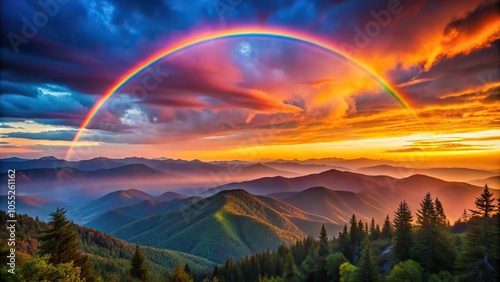 A stunning rainbow-colored sunset over a mountain range at dusk, clouds, vibrant, rainbow, spectrum, gradient