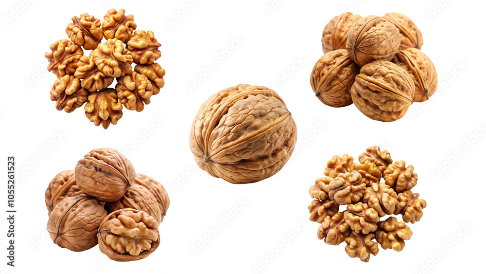 Set of walnuts isolated on a transparent background. Set of walnuts isolated on a transparent background.