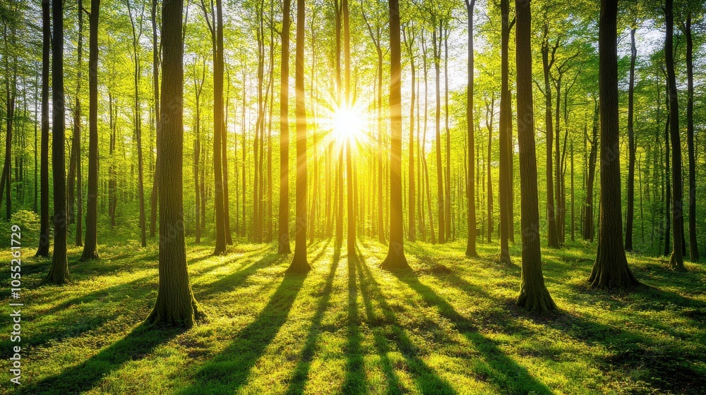 Fototapeta premium Soft, early morning sunlight illuminates the forest floor, casting long shadows and leaving space for text amid the trees.