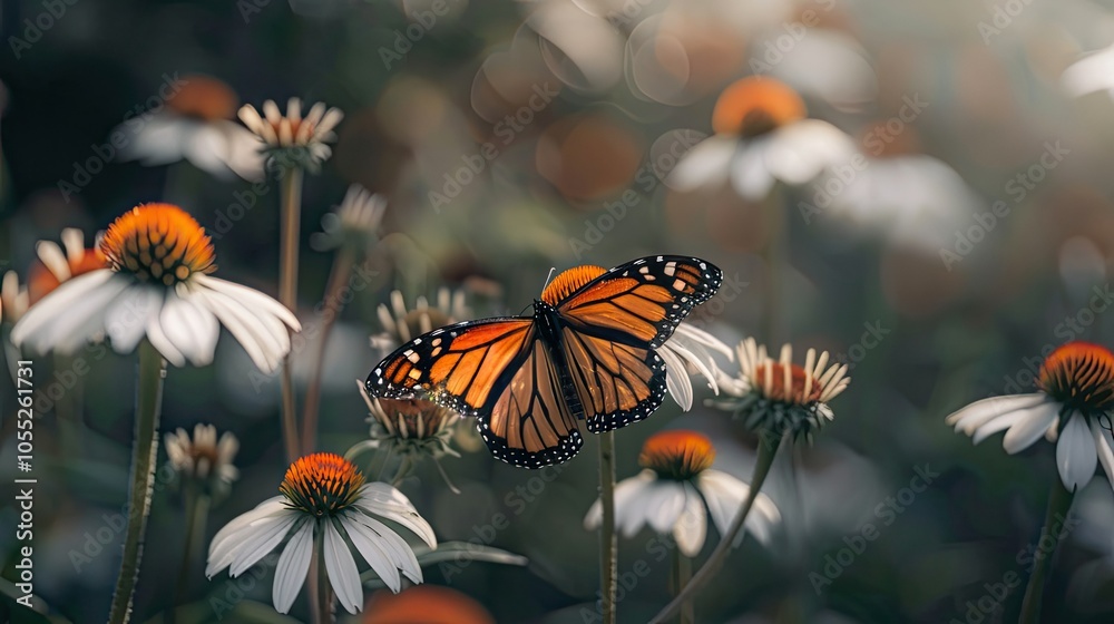 Monarch Butterfly on a White Flower in a Sunlit Meadow Monarch Butterfly on a White Flower in a Sunlit Meadow