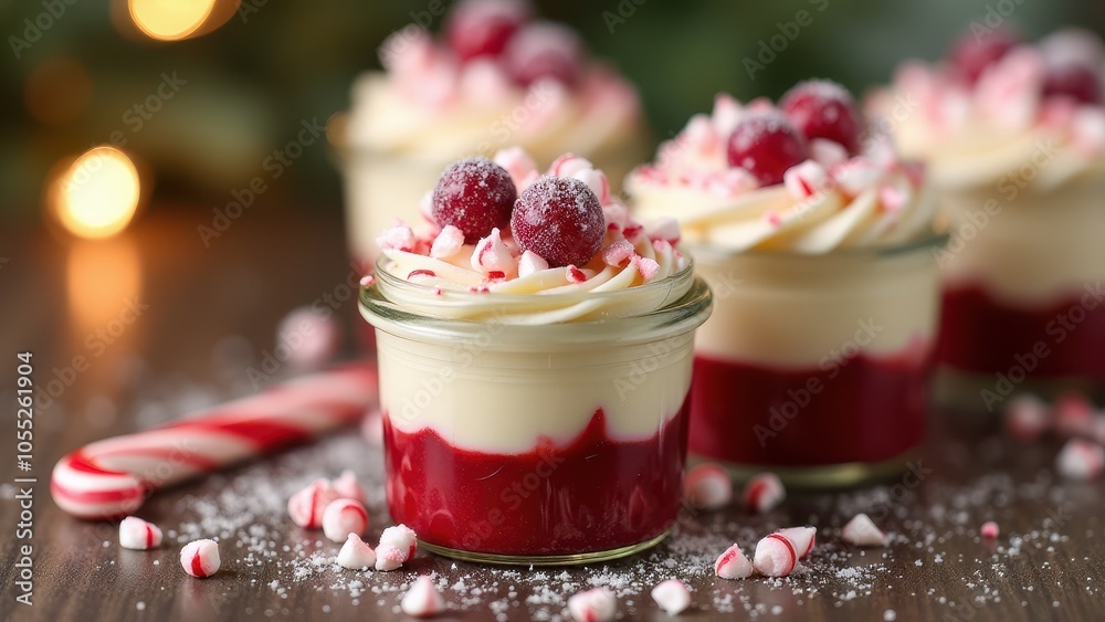 Colorful dessert jars with layers of creamy mousse and whipped topping, garnished with berries and mint, placed on a wooden board. Colorful dessert jars with layers of creamy mousse and whipped topping, garnished with berries and mint, placed on a wooden board.