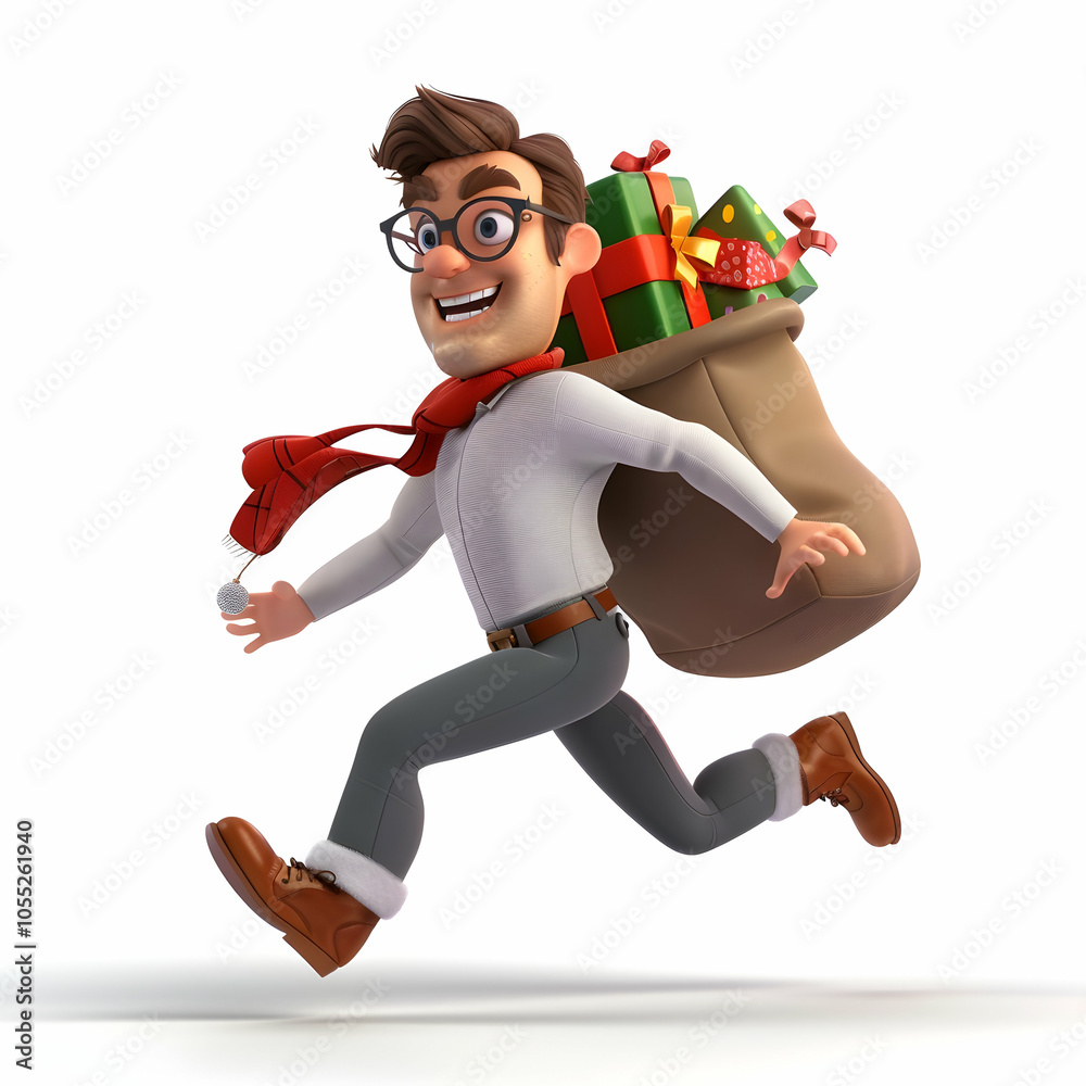 3D cartoon, a white man running with a Santa bag full of gifts on his shoulders, solid color background 3D cartoon, a white man running with a Santa bag full of gifts on his shoulders, solid color background