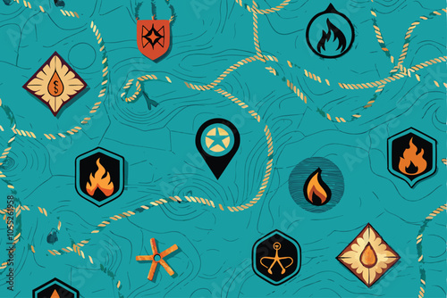 A close-up illustration of a pattern featuring various scout badges, knotted ropes, and campfire symbols arranged in a visually appealing and organized way.