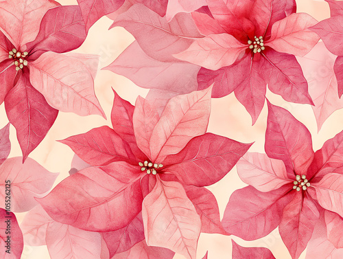 Delicate watercolor poinsettias in soft red and pink shades, minimal leaves, on a light background, seamless design