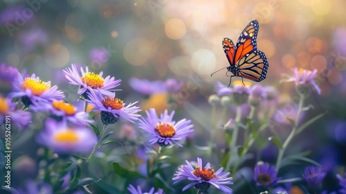 Wallpaper Mural Monarch Butterfly in Flight Over Purple Flowers Torontodigital.ca