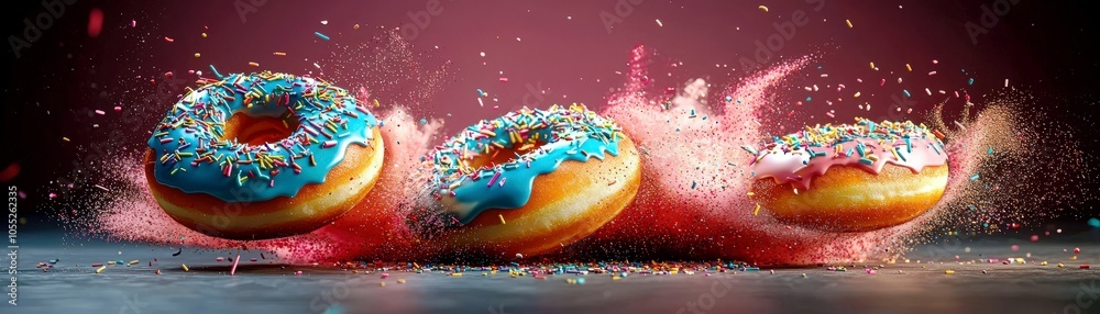 Dynamic Falling Donuts with Colorful Frosting and Sprinkles Dynamic Falling Donuts with Colorful Frosting and Sprinkles