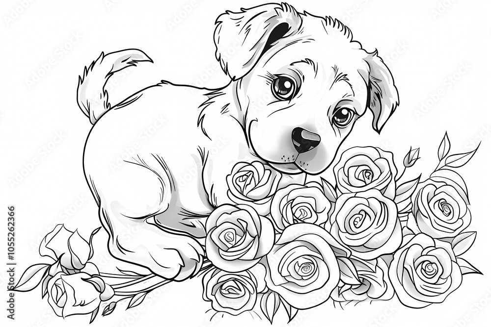 Fototapeta premium A cute, illustrated puppy with big eyes resting beside a bouquet of roses, exuding innocence and charm.