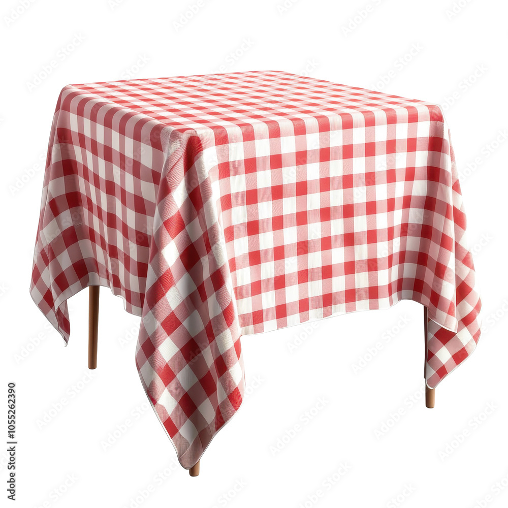 Fototapeta premium Red and White Checked Tablecloth on Wooden Table isolated, transparent background, white background, no background