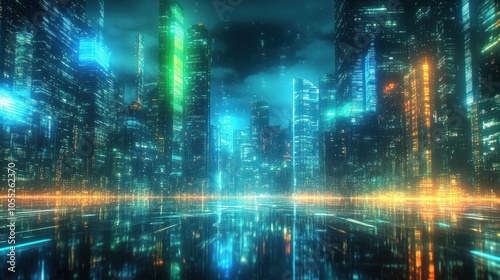 Futuristic city skyline at night with neon lights reflecting on the water.