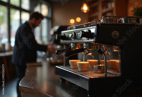 Professional Espresso Machine on a Countertop in a Coffee Shop photo