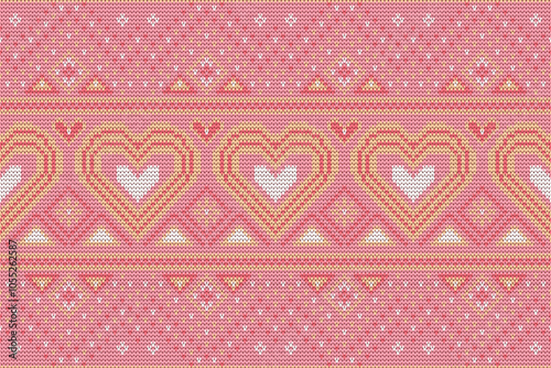 Knitting geometric with heart seamless pattern valentines days fabric ornament. Fabric hearts seamless pattern.Vector illustration. Ikat ethnic oriental embroidery,baroque.design for texture,clothing