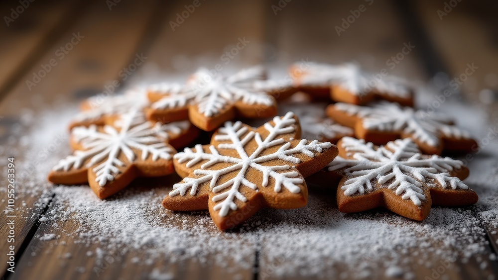 Snowflake-shaped cookies adorned with powdered sugar rest on a wooden table, evoking a festive winter atmosphere and sweet holiday delight. Snowflake-shaped cookies adorned with powdered sugar rest on a wooden table, evoking a festive winter atmosphere and sweet holiday delight.