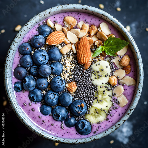 Colorful smoothie bowl topped with blueberries, nuts, and seeds photo