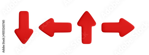 Vector cartoon 3d red arrows set. Cute realistic up, down, left, right arrow icon isolated on white background. 3d render direction pointer, plastic click cursor button, for infographic, app, design.