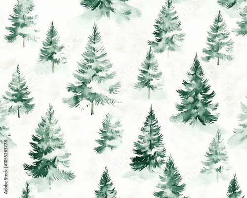 Minimalist watercolor fir trees with snow, soft green and white tones, airy composition, seamless repeat